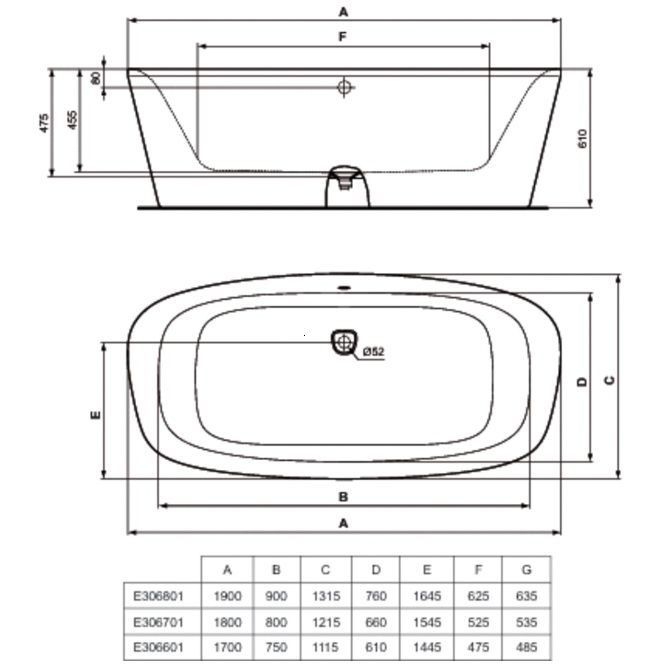 CADA DEA 180X80, FREESTANDING, ACRYL 5 MM, SIFON CU VENTIL CLICK-CLACK INCLUS